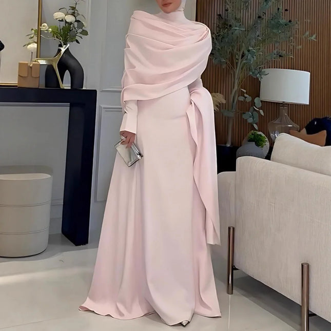Damen-Schal-Stil Langarm Eng Anliegendes Schlankmachendes Langes Kleid mit Großem Saum Elegantes Anmutiges Bankett Date Pendler Vielseitiges Abendkleid