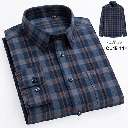 Mens 100% Cotton Casual Shirt Slim Fit Button Classic Striped Plaid Long Sleeve Shirts Single Pocket Comfortable Workwear Shirts