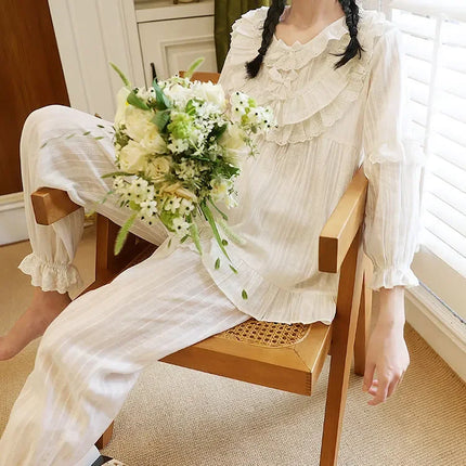 Cute Women Princess Ruffle Pajama Sets Tops+Pants.Vintage Lady White Jacquard Cloth Pyjamas Set Victorian Girl's Home Sleepwear