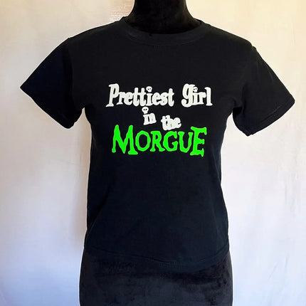 Prettiest Girl in The Morgue Black Baby Tees Summer Slim Cotton Sexy Crop Tops for Women Street Fashion Grunge Y2K T Shirts