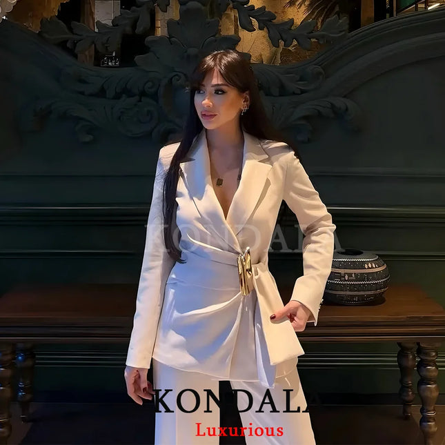 KONDALA Office Lady Chic White Women Blazer Suit Solid Long Sleeve Blazer Long Zipper Pants Fashion 2026 - product image 2
