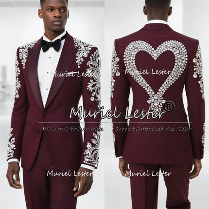 Brilliant Diamond Beaded Red Suits Men 2 Pieces Sets Groom Wedding Tuxedos Customized Single Breasted Party Blazers traje hombre