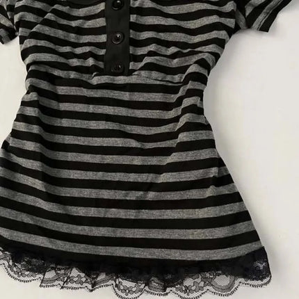 Gothic Harajuku Y2K Women's Crop Top Casual Slim Fit Striped Lace Bow Button Design Short Sleeve T-Shirt Chic Trendy Streetwear