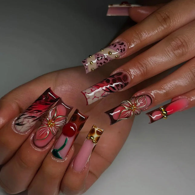 24 Uñas postizas marrones largas de ataúd con purpurina y diseño francés, uñas postizas completas, tipo Press-on, puntas de uñas, arte de uñas