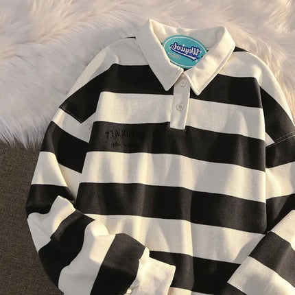 Polo Shirts Male Large Size Retro Striped Contrast Color Polo Collar Sweater Men's Autumn Loose Coat Long Sleeves Buttons Tops