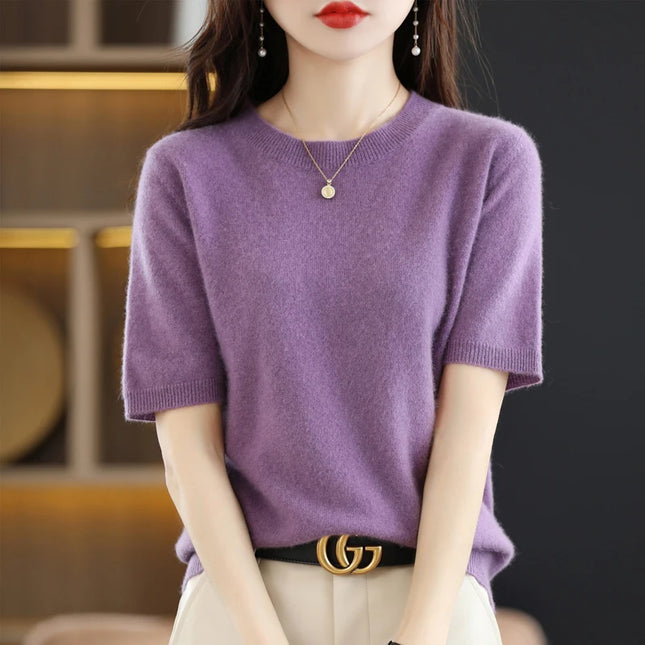 Short-sleeved Knitwear O-neck T-shirt Wool Cotton Blend Pullover Vest Sprig Summer Bottoming Tops Sweater