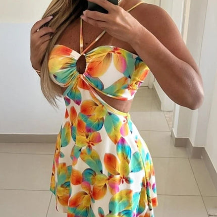 Floral Print Halter Neck Cutout Mini Dress Beach Vacation Cover Up
