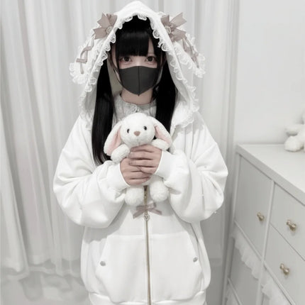 Long Sleeve Strapped Rabbit Ear Hoodie Lolita JK Winter Autumn Rabbit Ear Hoodie Kawaii Ladies Top Cardigans Women Y2K