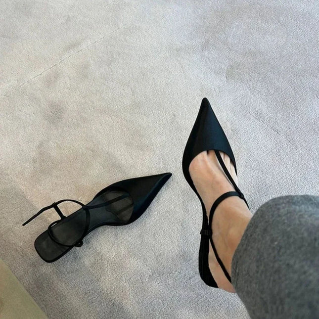 2025 Neue schlankmachende T-Riemchen-Pumps Damen Sexy Blockabsatz Spitze Mittelabsatz Einzelschuhe Fleckige Sommer Flache Partykleid Schuhe