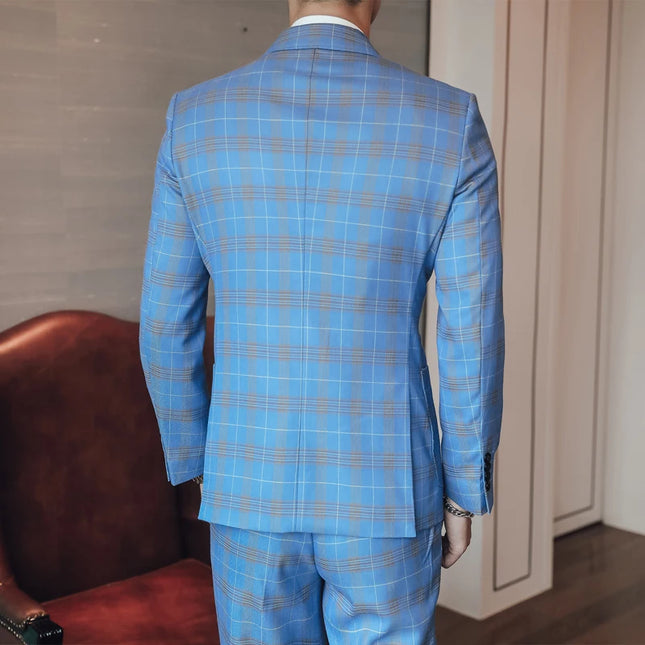 S-5XL (Americana + Pantalones) Traje Formal de Marca de Lujo para Hombre, Cruzado, Gris, 2 Piezas, Traje de Boda a Cuadros, Fiesta del Novio