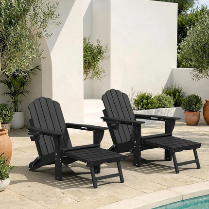 All Weather HDPE Adirondack Rocking Chairs Set Of 2, Foldable Patio Rocker Chairs With Retractable Ottoman And Cup Holder, Outdoor Lounge Seating For Porch Backyard Deck Garden Poolside, Black