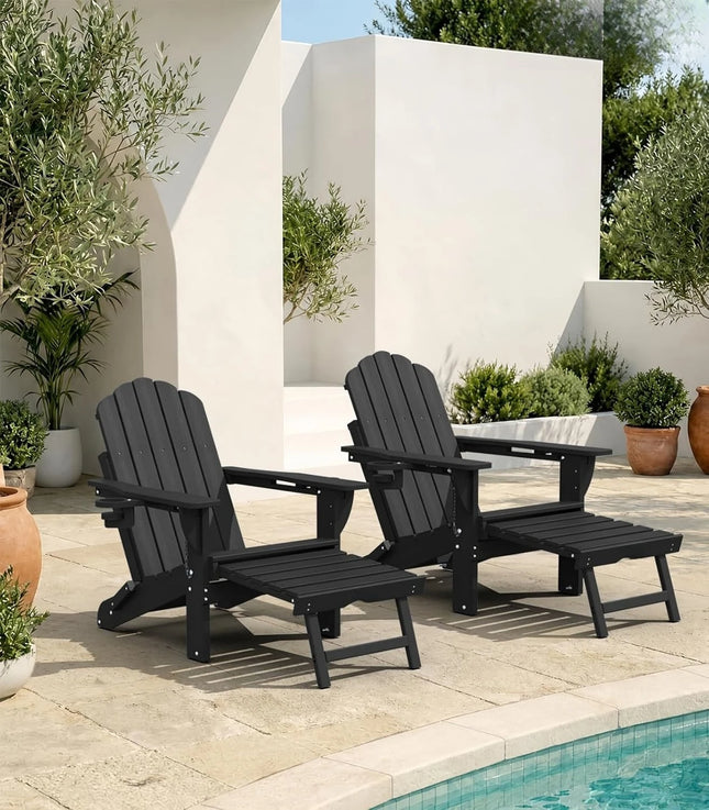 All Weather HDPE Adirondack Rocking Chairs Set Of 2, Foldable Patio Rocker Chairs With Retractable Ottoman And Cup Holder, Outdoor Lounge Seating For Porch Backyard Deck Garden Poolside, Black