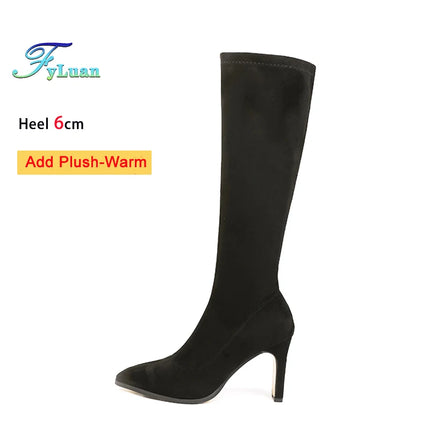 Spring Autumn Elastic Leather Boots For Women 6CM 8CM High Heels Side Zipper Knee-high Boors Fashion Pointed Winter Woman Shoes