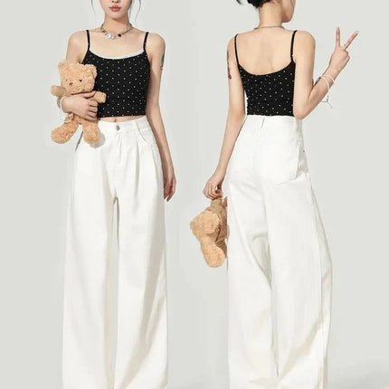 Y2K Korean Style Women's White High Waisted Wide Leg Jeans 2026 Spring Summer New Pleated Design Draped Casual Pants Streetwear
