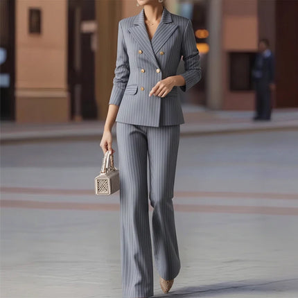 Fashion Autumn Winter Ladies Pant Suit Women Striped Female Business Work Wear Jacket Blazer and Trouser Formal 2 Piece Set