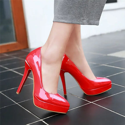 Big Size Elegant Office Women Platform Pumps 12cm Super High Thin Heels Wedding Party Pointed Toe Red Patent Leather Dress Pumps