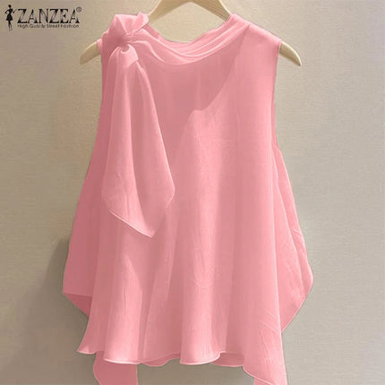 ZANZEA Women T-Shirts Summer Tops 2025 Solid Sleeveless Tees Fashion Asymmetrical Tunic Casual Loose Scarf O Neck Pullovers