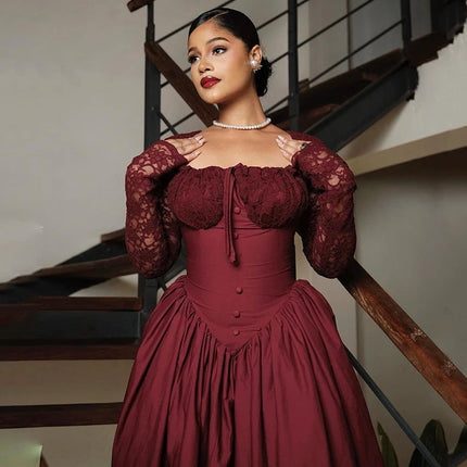Elegant Vintage Women Dress Long Lace Sleeve Square Collar Slim Waist Big Hem Long Dress