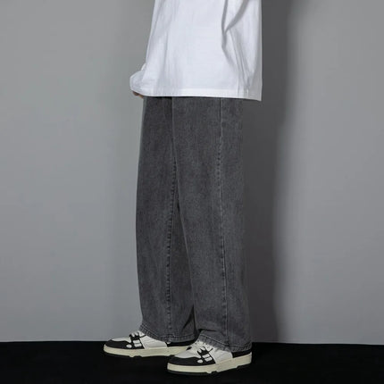 Korean Solid Colors Men's Casual Long Jeans Classic Man Four Seasons Straight Denim Wide-leg Pants Light Blue Grey Black 3XL