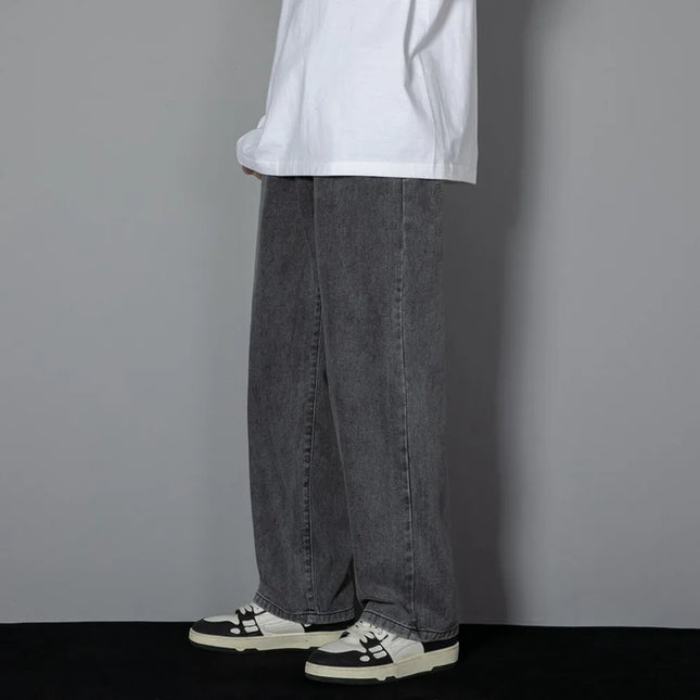 Korean Solid Colors Men's Casual Long Jeans Classic Man Four Seasons Straight Denim Wide-leg Pants Light Blue Grey Black 3XL
