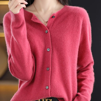 New Fashion Spring 100% Merino Wool Womens O-neck Cardigan Cashmere Sweater 2024 Female Clothing Grace Knitwear Korean Tops