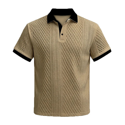 2026 Summer Men's Jacquard Knit Polo Shirt Contrast Collar Short Sleeve Loose Fit Soft Breathable Casual Sport Daily Wear Tops