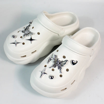Women DIY Silver Butterfly-Knot Fashion Bow Decor Clogs Summer Sping Autumn Beach Sandals Cave Hole Garden Shoes Students Girls