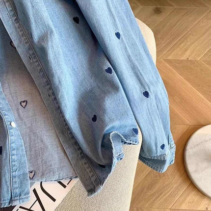 American Retro Blue Soft Denim Shirt Women's Spring Autumn Heart Print Thin Coat Casual Versatile Loose Long Sleeve Top Shirt