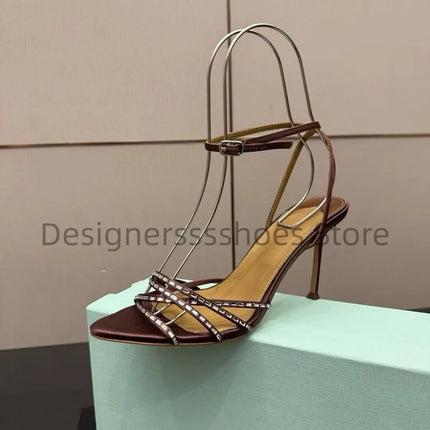 Round Toe Rhinestone High Heel Sandals 10.5CM Luxury Crystal Women Party Dress Sandals Sheepskin Lining Italian Genuine Leather
