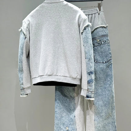Fashion Casual Men's Denim Patchwork Jacket Set Loose Zipper Jackets Coat High Waist Wide Leg Pants Two-Piece Set Mens Autumn