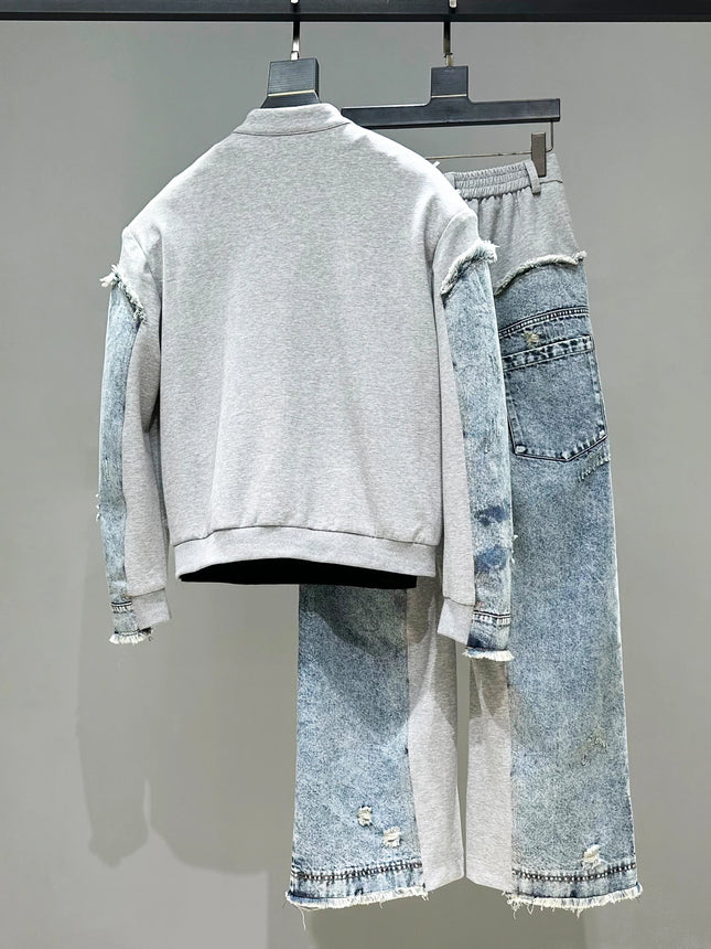 Fashion Lässig Herren Jeans-Patchwork-Jacken-Set Lockere Reißverschlussjacken Mantel Hohe Taille Weite Hosen Zweiteiliges Set Herren Herbst