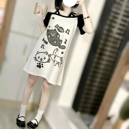 Japanese Patchwork Women Off Shoulder Graphic T Shirts Kawaii Cute Cartoon Print T-shirt Sweet Cat Tops Y2k Aesthetic Grunge Tee