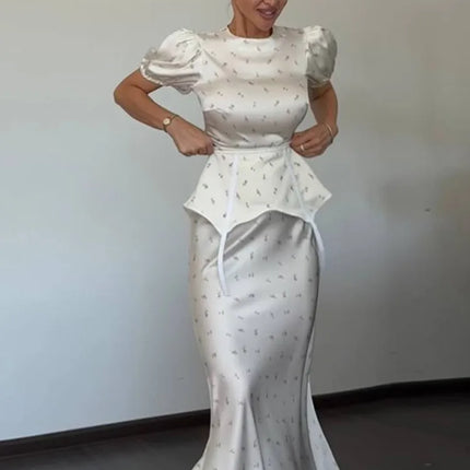 Women's White Floral Print Puff Sleeve Dress With Waistband Fashion Satin Ruffled Hem Maxi Dress Lady 2026 Elegant Party Robes