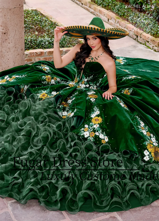 Eleganz Samt Quinceanera Kleid Bunte Blumenapplikationen Reich Gefaltete Kanten Schicht Für Schicht Süße 16 Vestidos De 15 Años