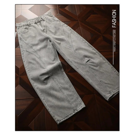 Spring New American Curved Washed Man Pants Loose Vintage Street Denim Regular Straight Wide Leg Jeans Men