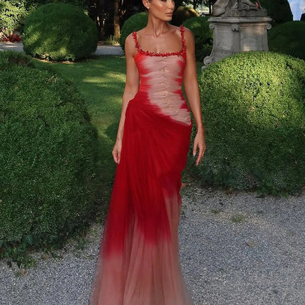 OEING Modern Mermaid Evening Dresses Contrast Color Tulle Pleats Sleeveless Formal Occasion Dress Gala Women vestidos Customized