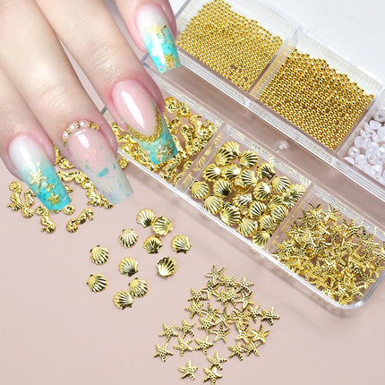 6 Grids Metal Summer Ocean Nail Art Charms 3D Shell Starfish Seahorse Caviar Beads Alloy Nail Jewelry Mixed Manicure Studs Decor