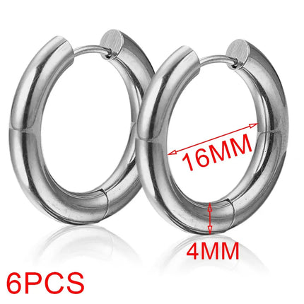 6pcs Stainless Steel 4mm Thick Earrings Gold Plated Large Round Korean Ear Rings Hoop Earring for Women Female Jewelry Luxury