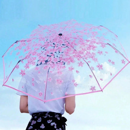 Portable And Easy To Carry, Cute And Fresh Design; Minimalist Sakura Transparent Umbrella; Adorable Sakura Pattern Transparent Umbrella; Foldable Umbrella; Ladies' Manual Umbrella; Travel Umbrella; Travel Essential; Unisex De