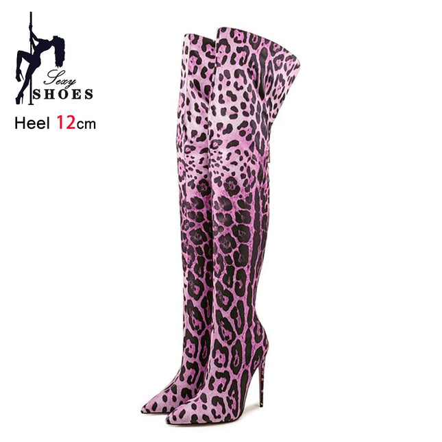 Purple Gradient Leopard Print Long Boots Women Thigh High Elastic Socks Boots 11CM Stiletto Over-the-Knee Spring Autumn Shoes