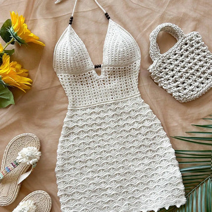 White Crochet Halter Neck Sleeveless Dress