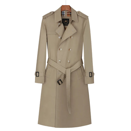 Men's trench coat long knee length with double breasted British plaid cotton lining down inner lining windbreaker mens