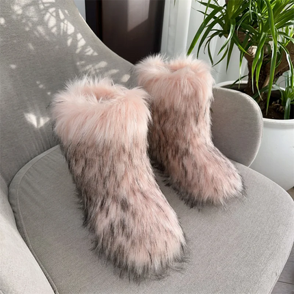 Women Faux Fur Fluffy Plush Furry Boots Comfortable Female Snow Boots Fur Shoes Outdoor Mid Calf Boots