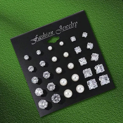 New Geometric Six-Claw Heart-Shaped Crystal Zircon Basic Set Ear Studs Vintage Elegant 36 Pairs Unisex