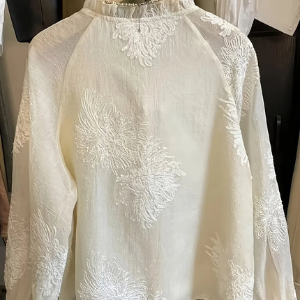 Elegant Embroidered Lace Shirt for Women Chinese Style National Trend Button Stitching  Stand Collar Belted Retro Shirt
