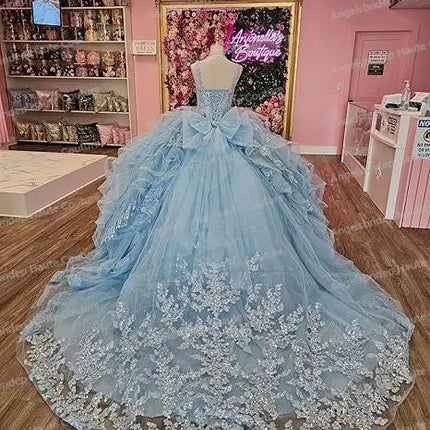 Customized Light Blue Quinceanera Dresses  Vestido De 15 Años  Lace Appliqued Sequins Mexcian Birthday Party Dress Court Train