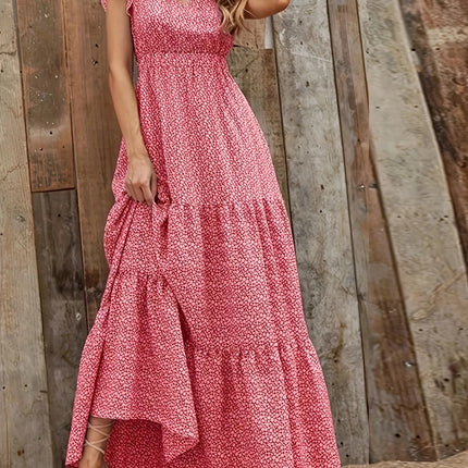 Summer new green floral dress with flying sleeves, V-neck, waist cinched, vacation style, elegant long skirt