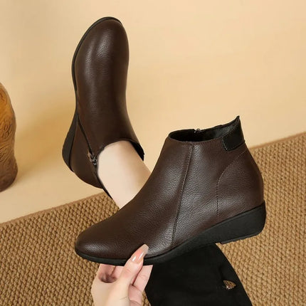 Booties Round Toe Leather Ankle Boots for Women Fur Woman Short Shoes Flat Fashion 2026 Chic and Elegant High Quality Autumn Hot