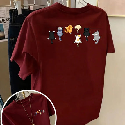 Cartoons Cats Prints T-Shirts Summer Womens Cotton T Shirts Basic O-Neck Oversized Short Sleeve Tops Casual Street Woman Clothes