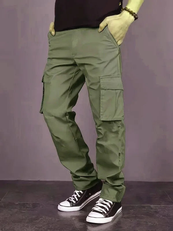 Pantalones de trabajo informales para hombre con múltiples bolsillos, ajuste holgado y cintura con cordón, adecuados para practicar senderismo, pesca y exploración al aire libre.